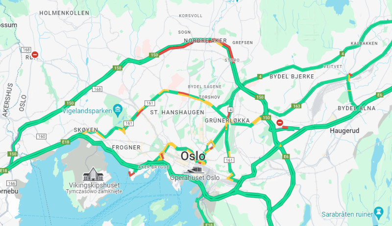 Sytuacja na drogach Oslo 15 kwietnia przed południem.